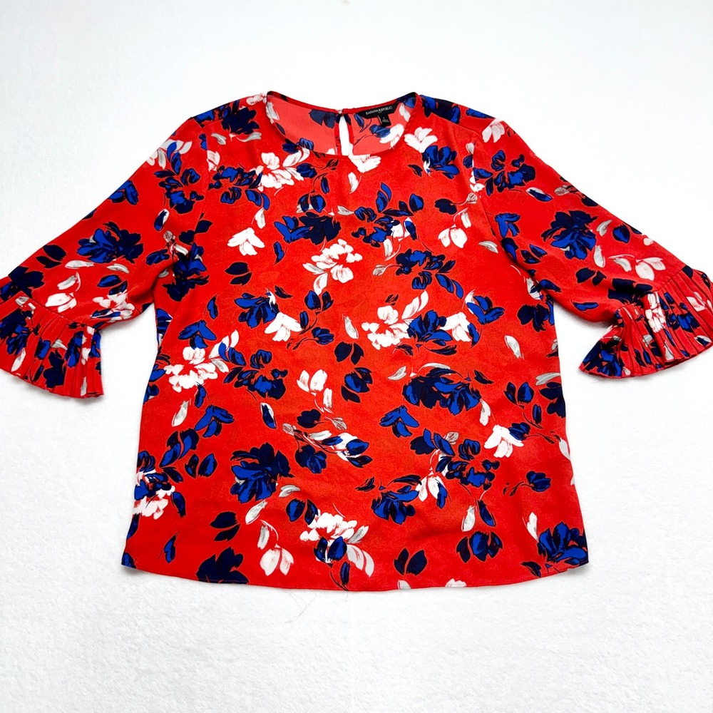 Banana Republic Floral Ruffle Cuff Blouse Womens Size L Red Blue Top Polyester